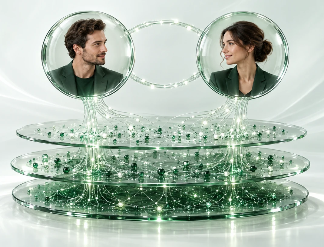 Zwei Menschen in verbundenen Glaskreisen über Schichten gemeinsamer Daten stehen für die Perspektiven von Führungskraft und Mitarbeitenden.