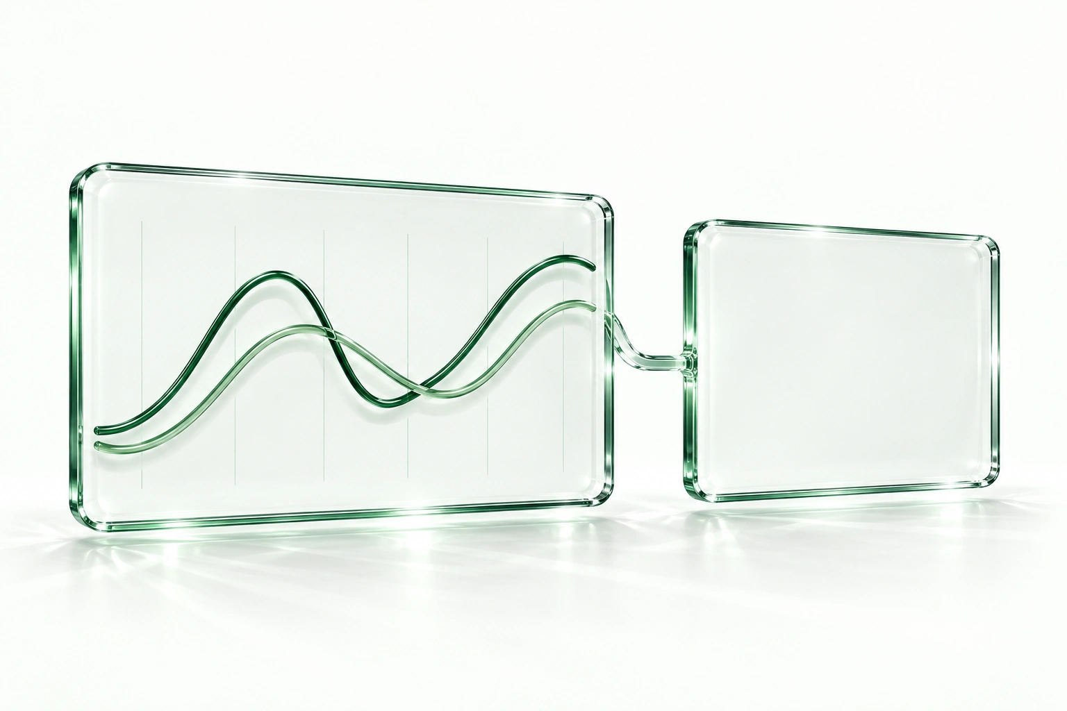 Zwei verbundene Flächen aus transparentem grünem Glas: analytische Kurven links und ein Bereich für Erkenntnisse rechts.